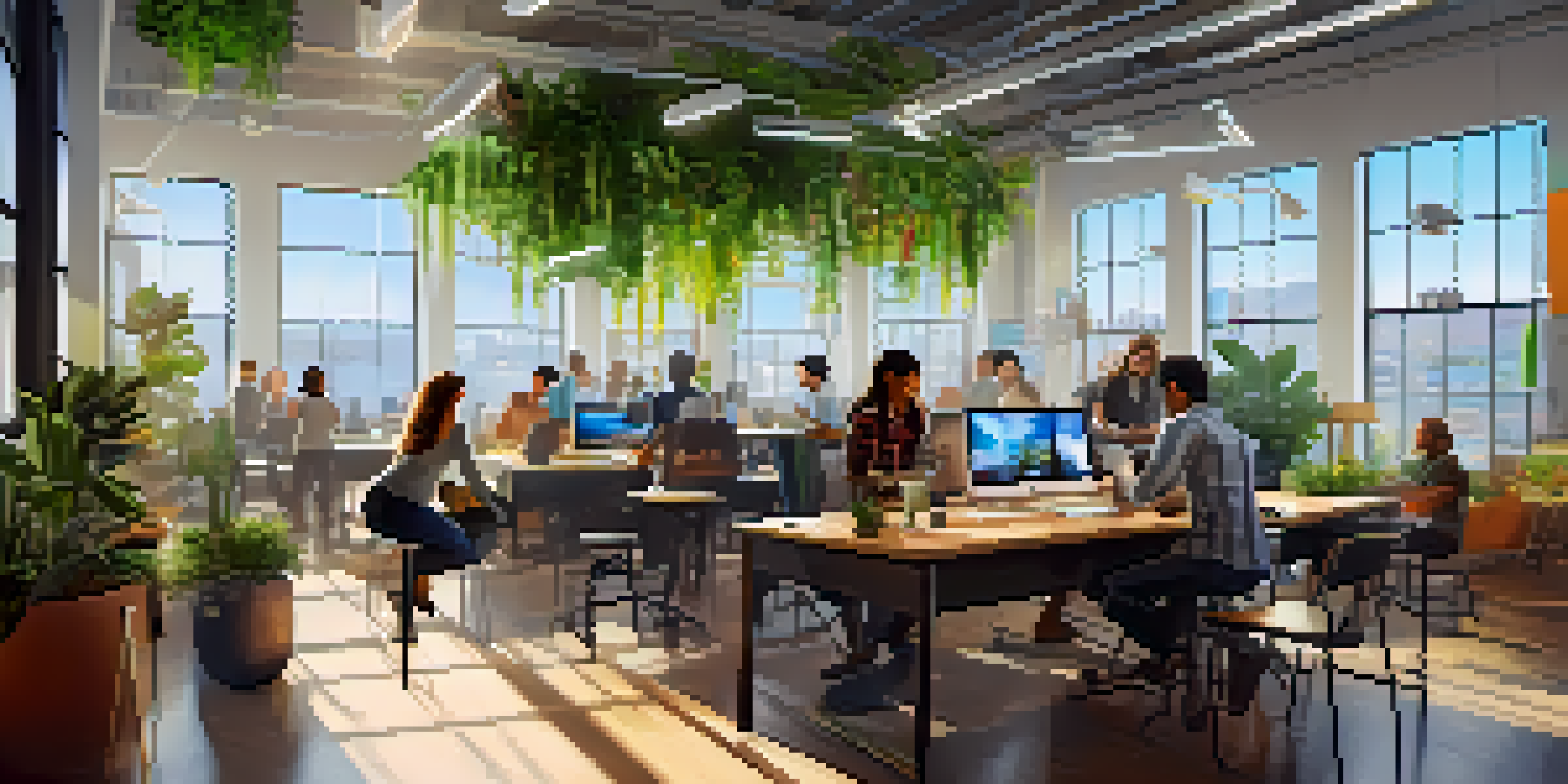 A modern tech startup office in San Jose with diverse employees working together around a table, sunlight shining through large windows.