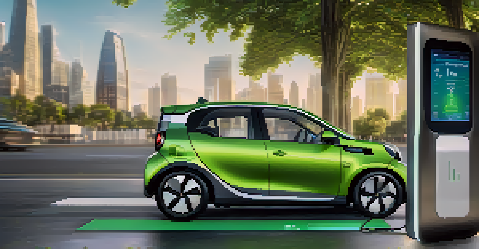 A close-up view of a smart electric vehicle charger with a digital screen showing charging data, set against a blurred city background.