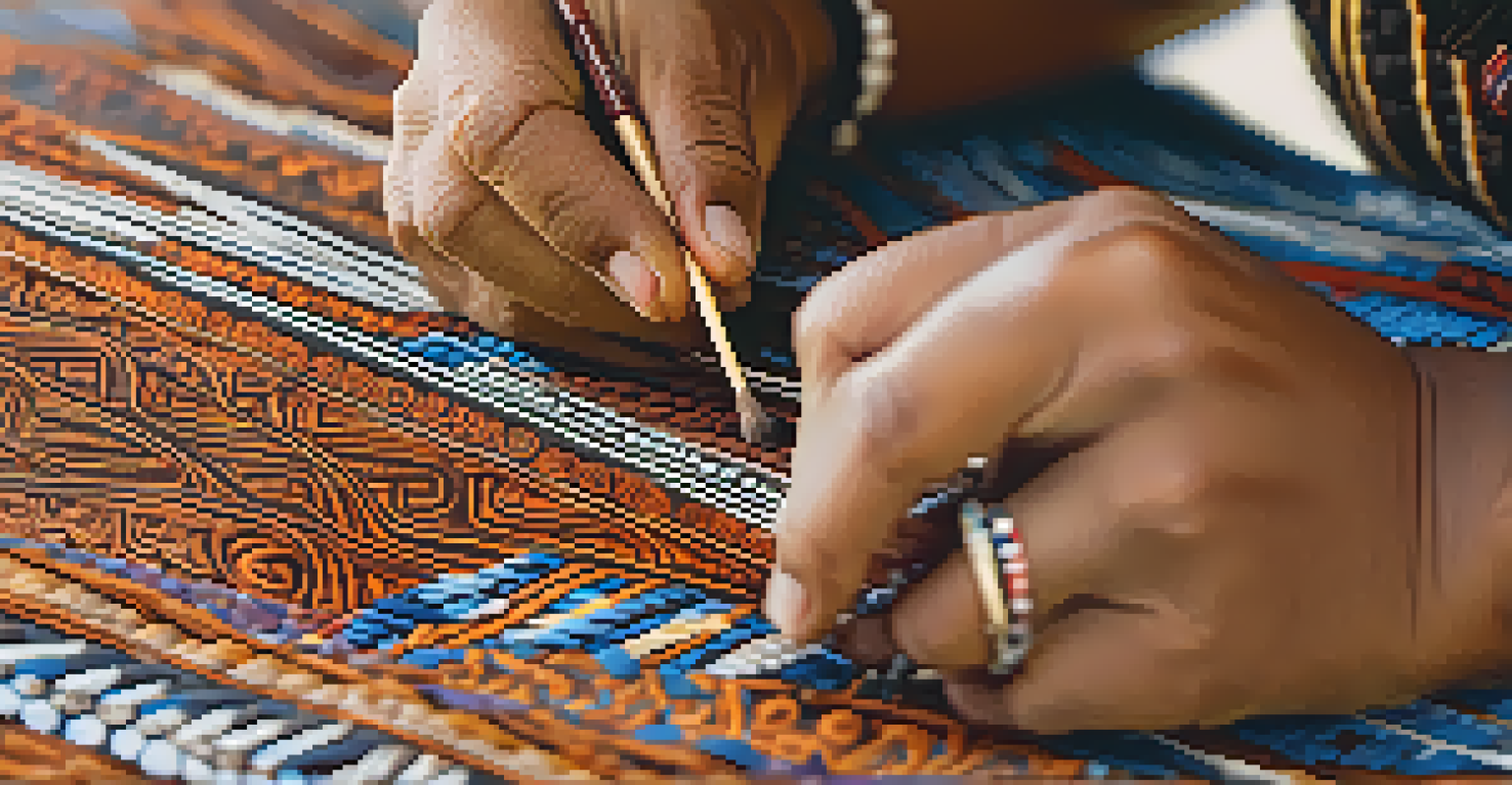 An artisan hand-painting traditional tapa cloth with intricate designs in a well-lit workspace.