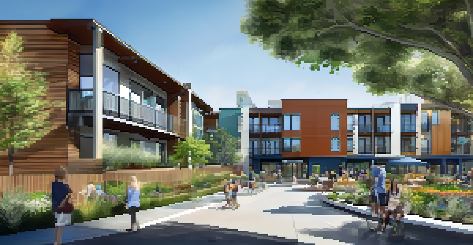 A modern mixed-use building with affordable housing, families enjoying the outdoor spaces on a sunny day.
