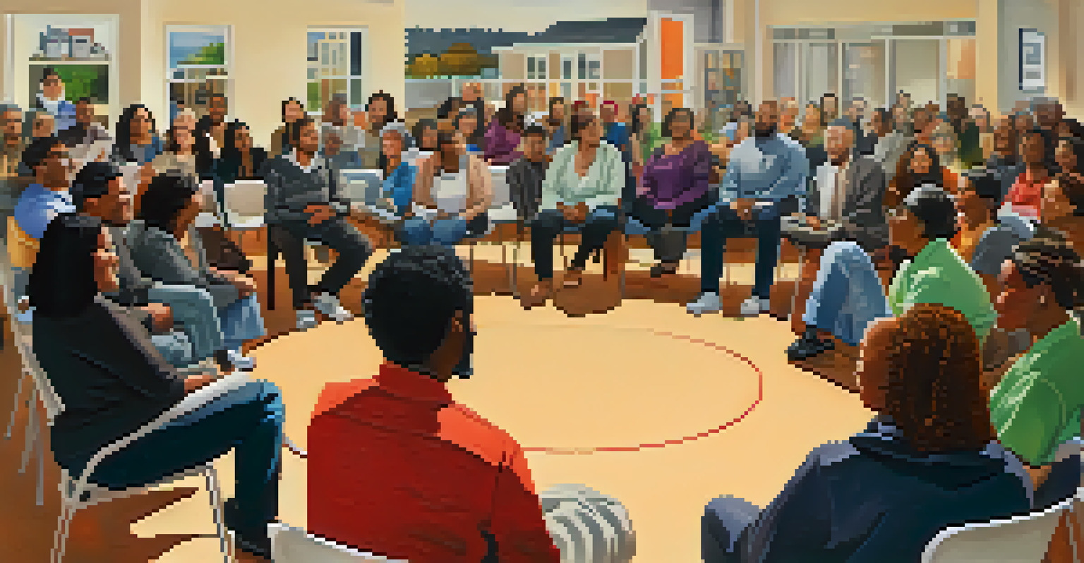 A community meeting in San Jose discussing affordable housing, with diverse members engaged in conversation around a poster.
