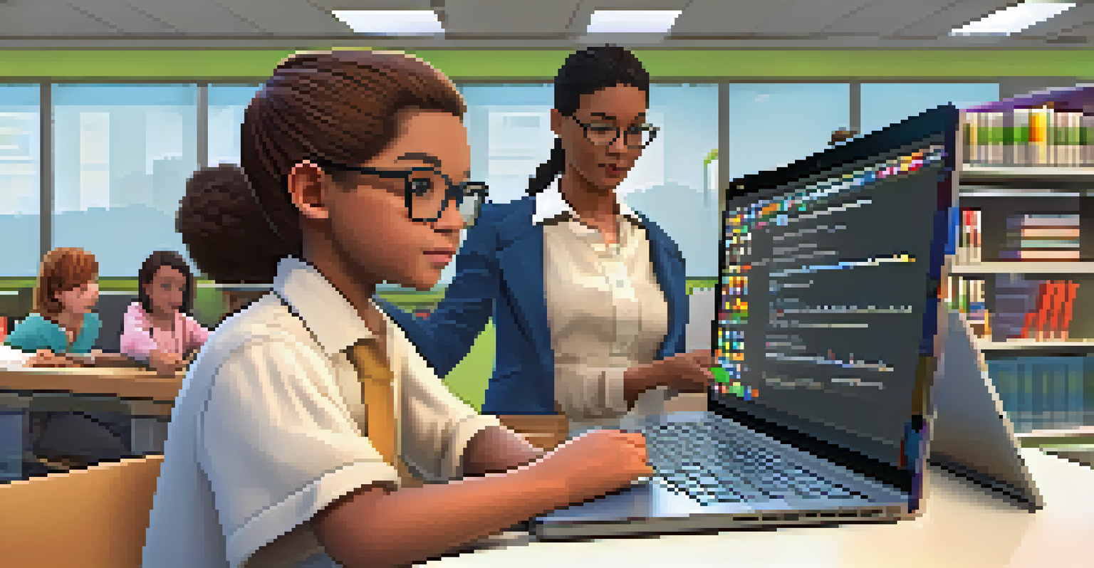A teacher helping a student with coding on a laptop, showing colorful coding graphics on the screen in a modern classroom.
