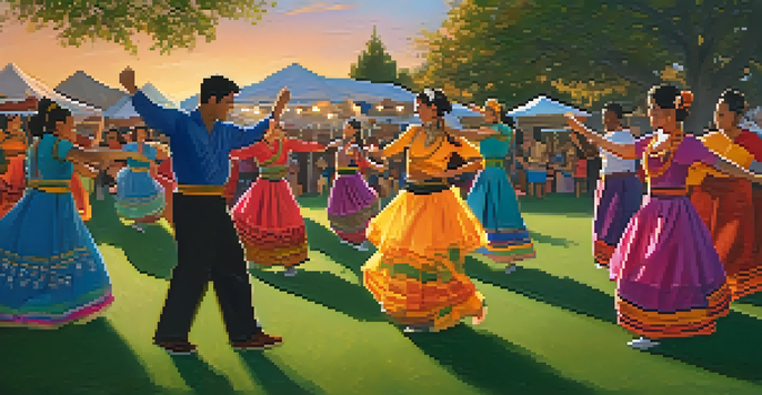 Participants in colorful costumes performing traditional dances at a cultural exchange event in San Jose, with string lights and a sunset backdrop.