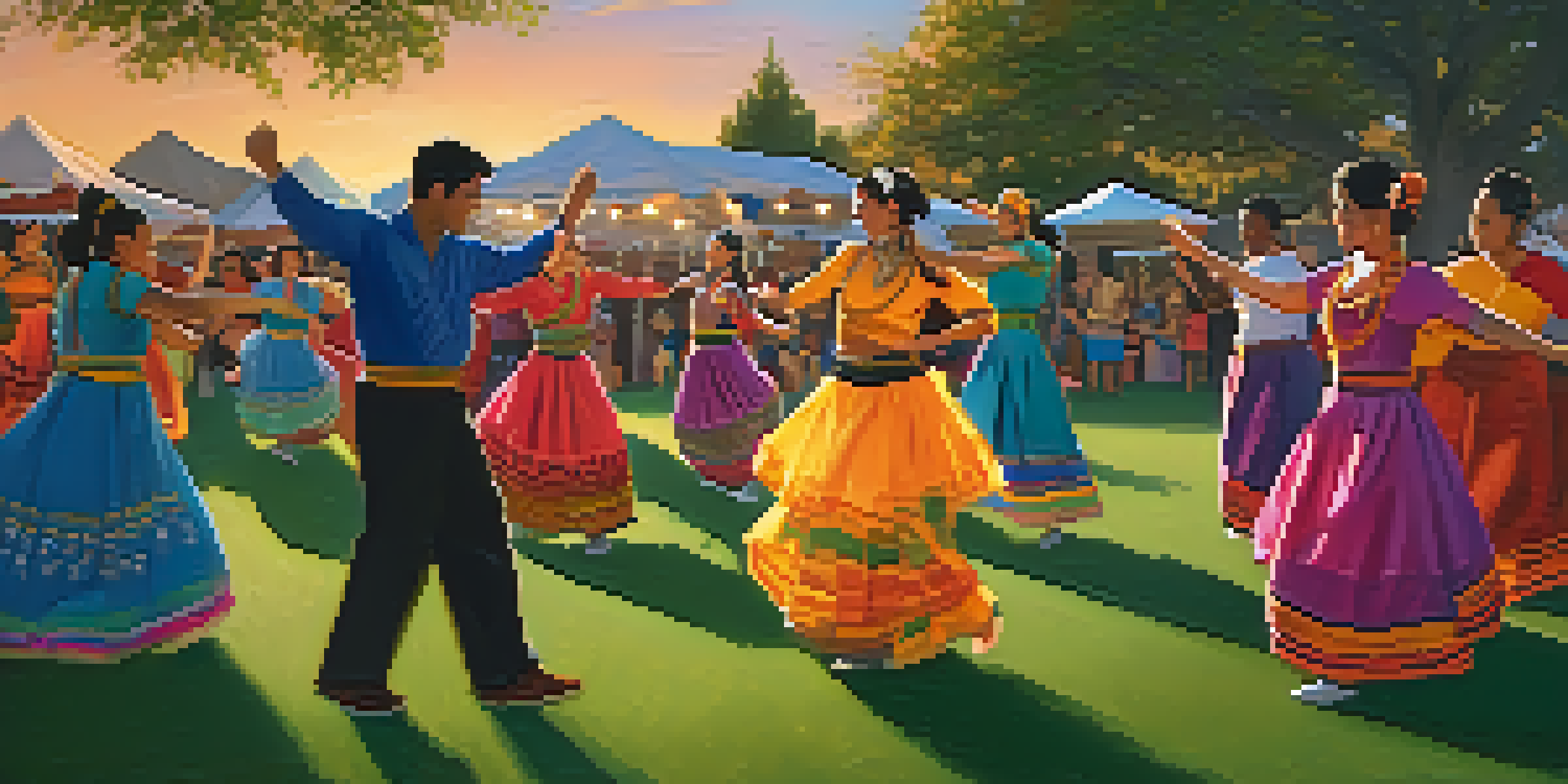 Participants in colorful costumes performing traditional dances at a cultural exchange event in San Jose, with string lights and a sunset backdrop.
