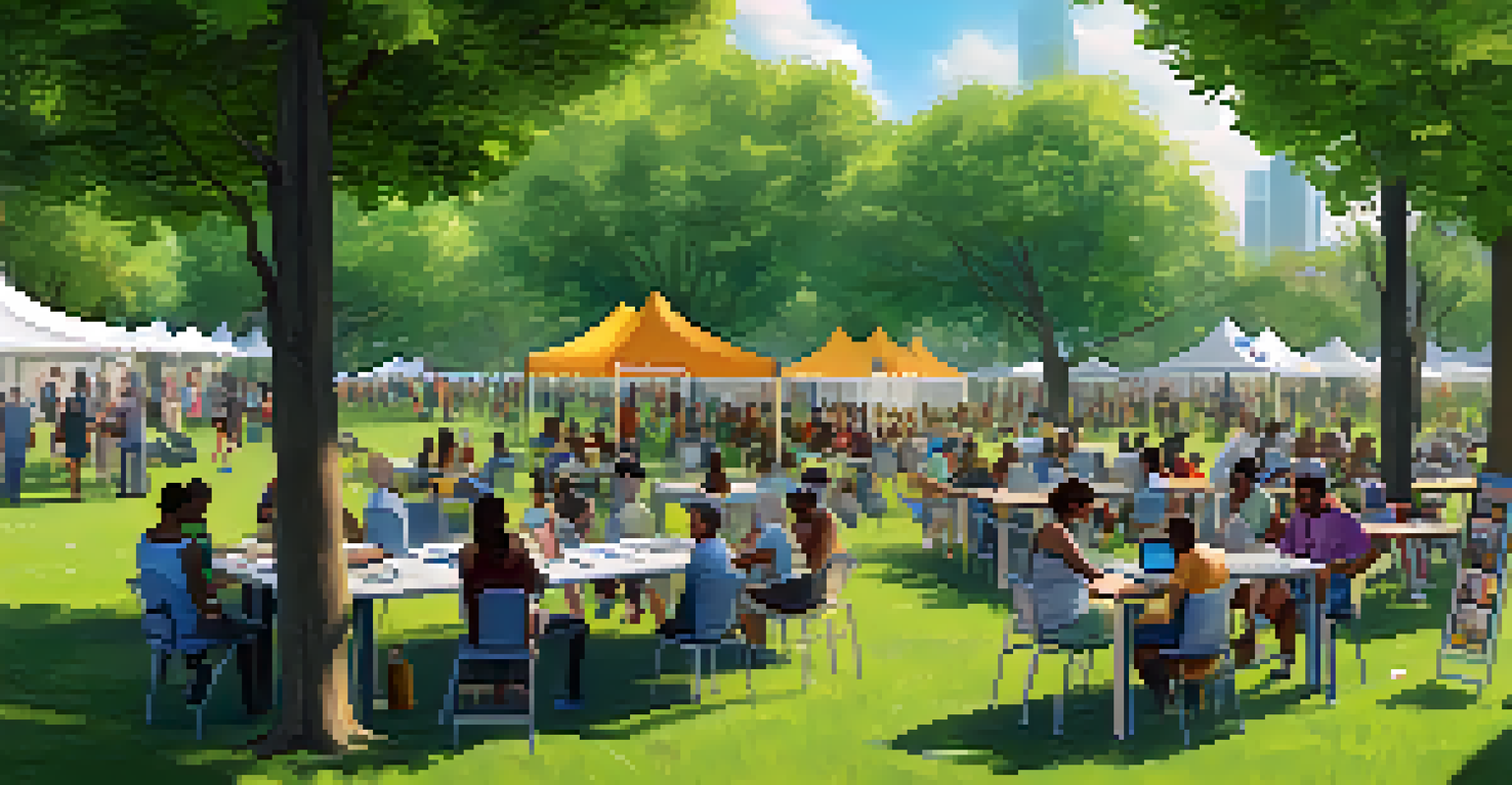 An outdoor workshop in a park with adults learning digital skills, surrounded by trees and a banner for the workshop.