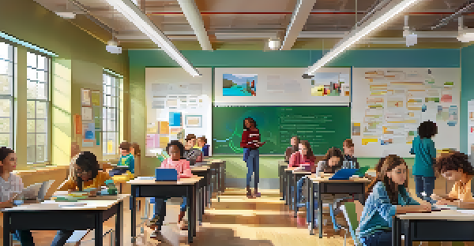 A lively classroom with diverse students using tablets and laptops, with interactive whiteboards and colorful educational posters.