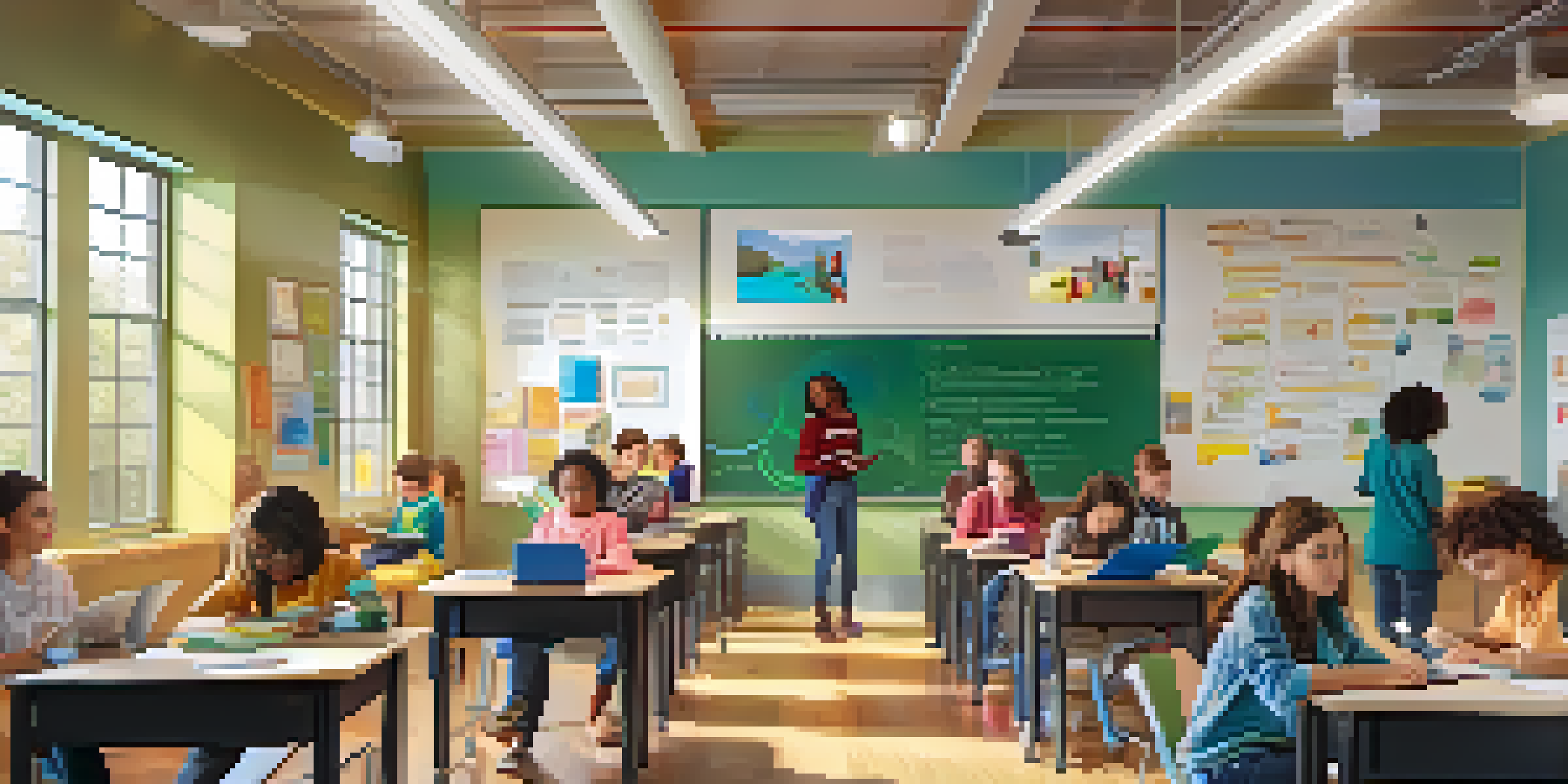A lively classroom with diverse students using tablets and laptops, with interactive whiteboards and colorful educational posters.