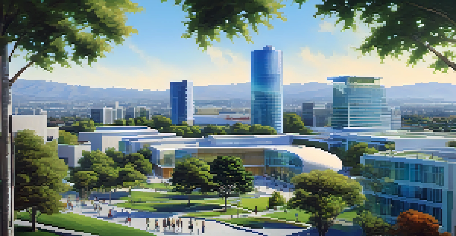 A scenic view of San Jose showcasing biotech company buildings against a backdrop of green parks and a clear sky, illustrating a thriving urban environment.