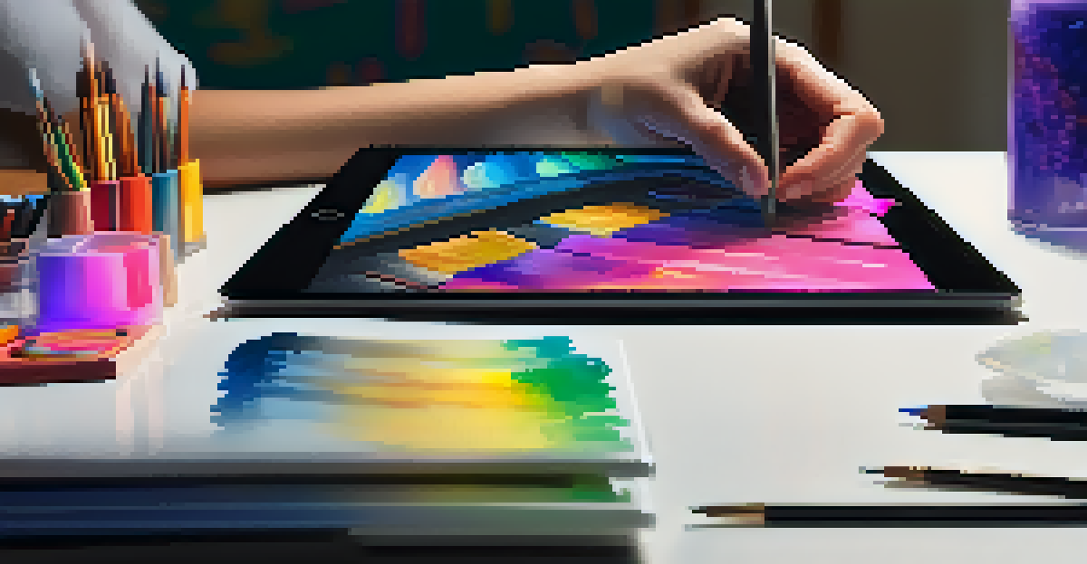 Close-up of a student's hands on a digital art tablet, surrounded by colorful sketches and art supplies.