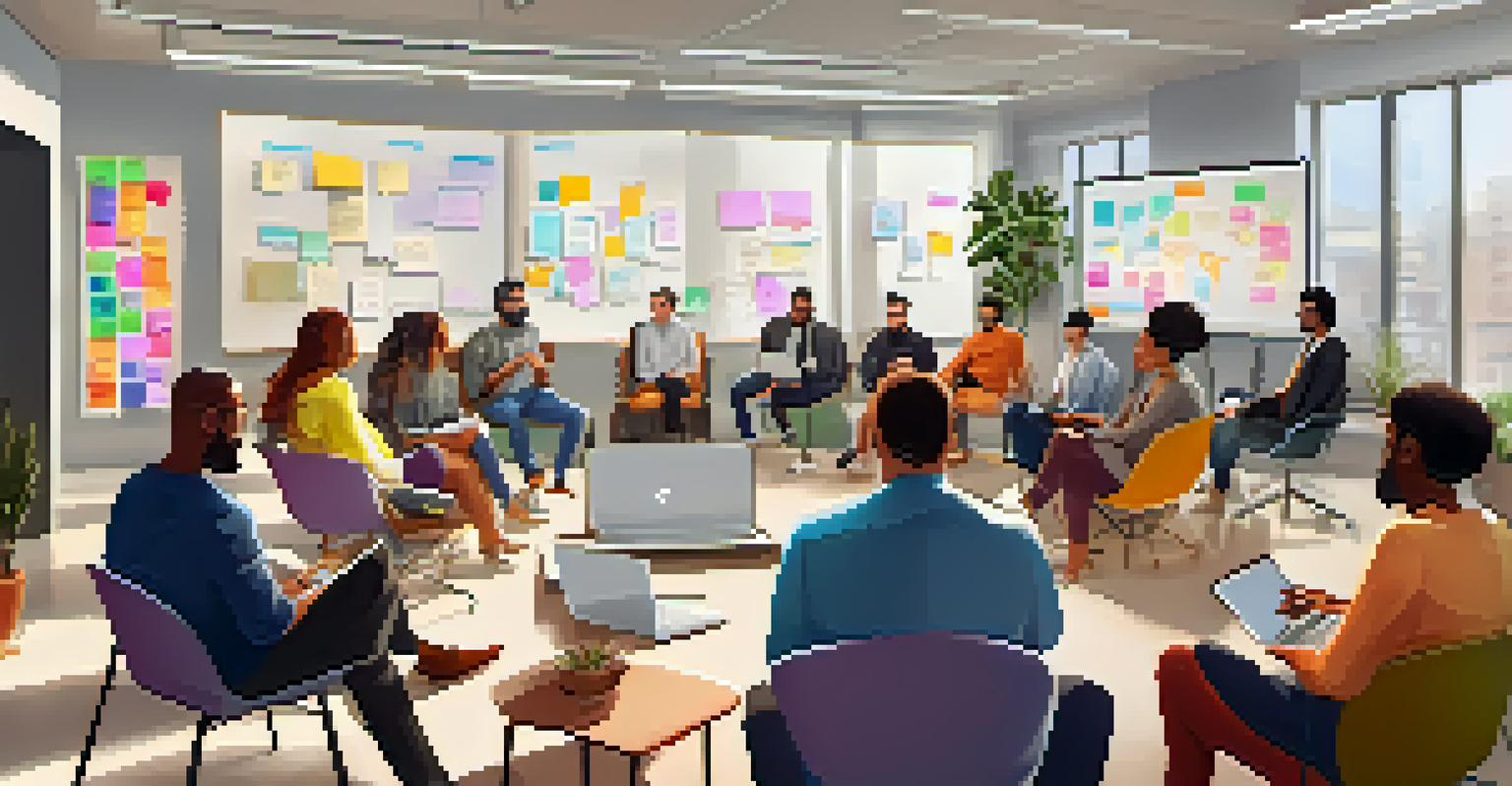 A cozy meetup group of diverse entrepreneurs sharing ideas in a modern office space with a whiteboard and warm lighting.