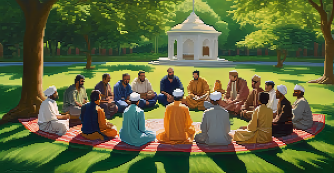 A diverse group of individuals sitting in a circle on a green lawn, engaged in an interfaith dialogue, surrounded by trees and refreshments on a table.