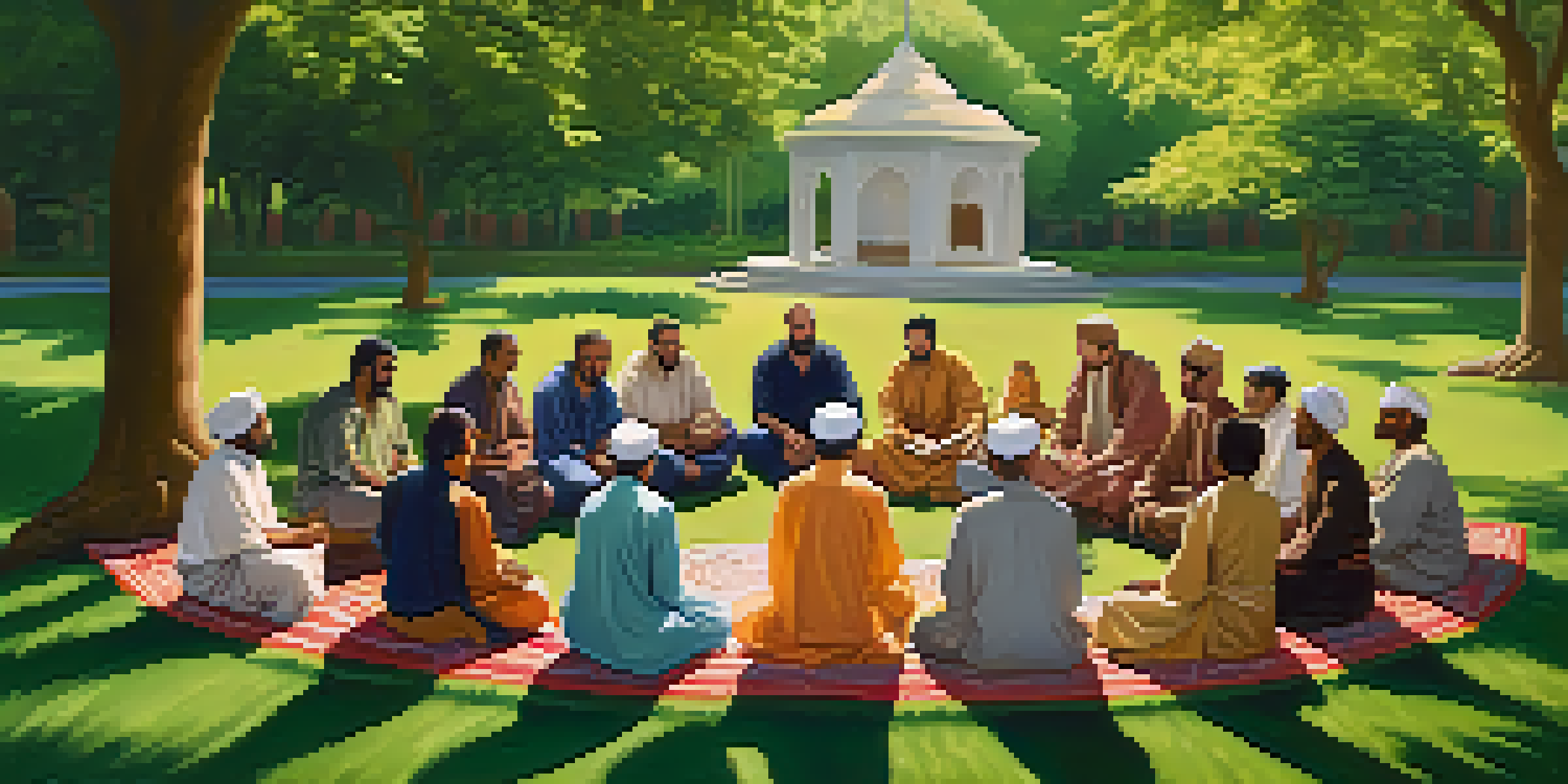 A diverse group of individuals sitting in a circle on a green lawn, engaged in an interfaith dialogue, surrounded by trees and refreshments on a table.