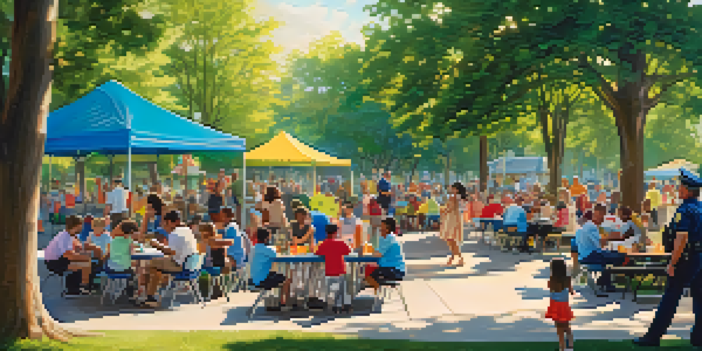 A lively community event in a park where police officers interact with families and children under the warm sunlight.