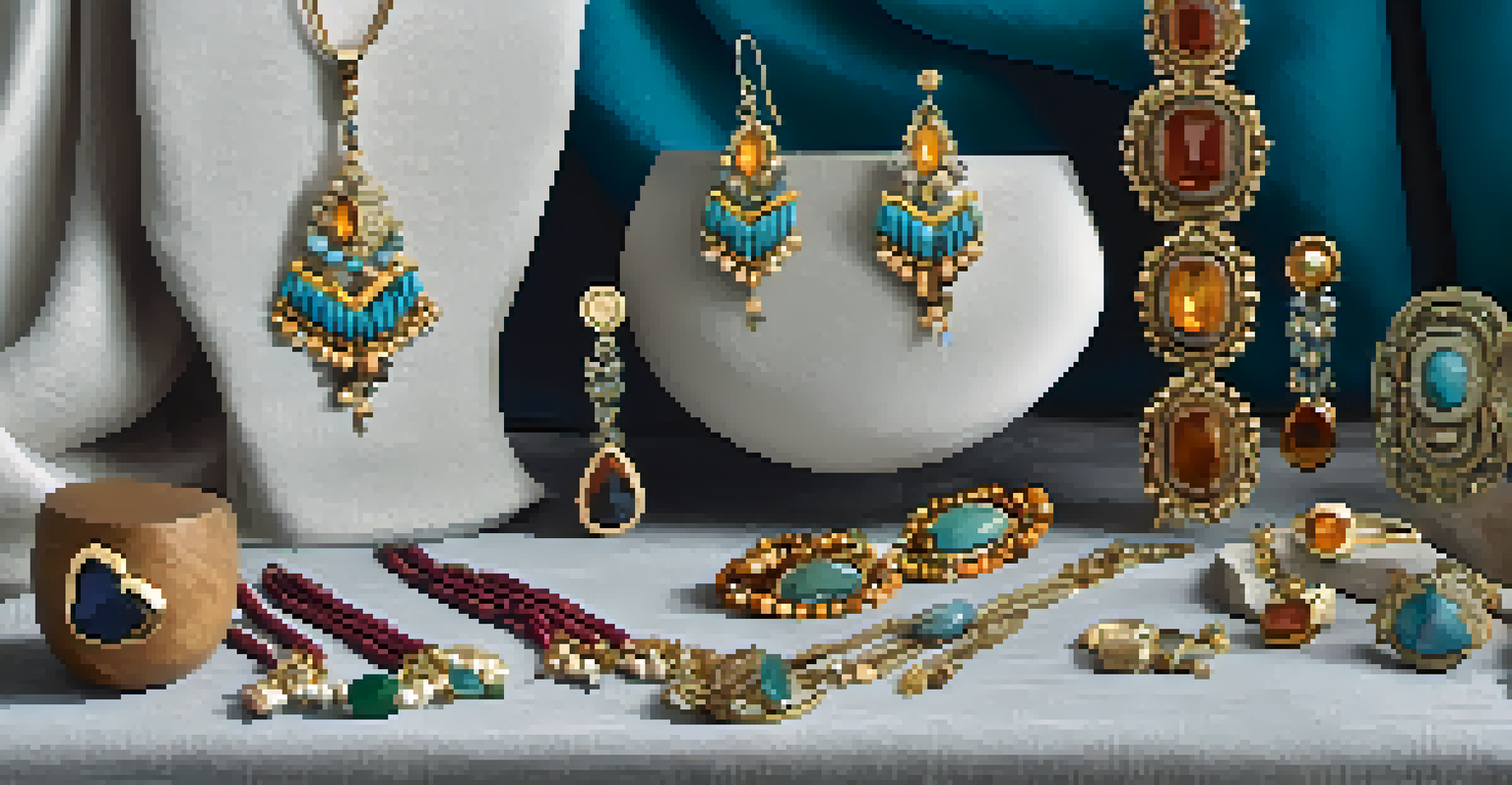 An artistic display of handcrafted jewelry, featuring earrings and necklaces made from recycled metals and gemstones, on a soft fabric background.