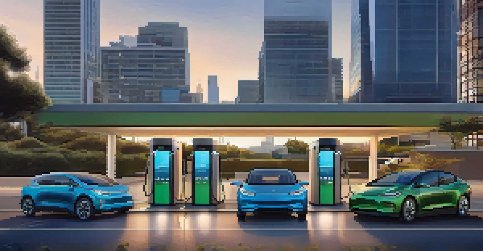 An electric vehicle charging station in San Jose with EVs being charged against a backdrop of the city skyline and green spaces.