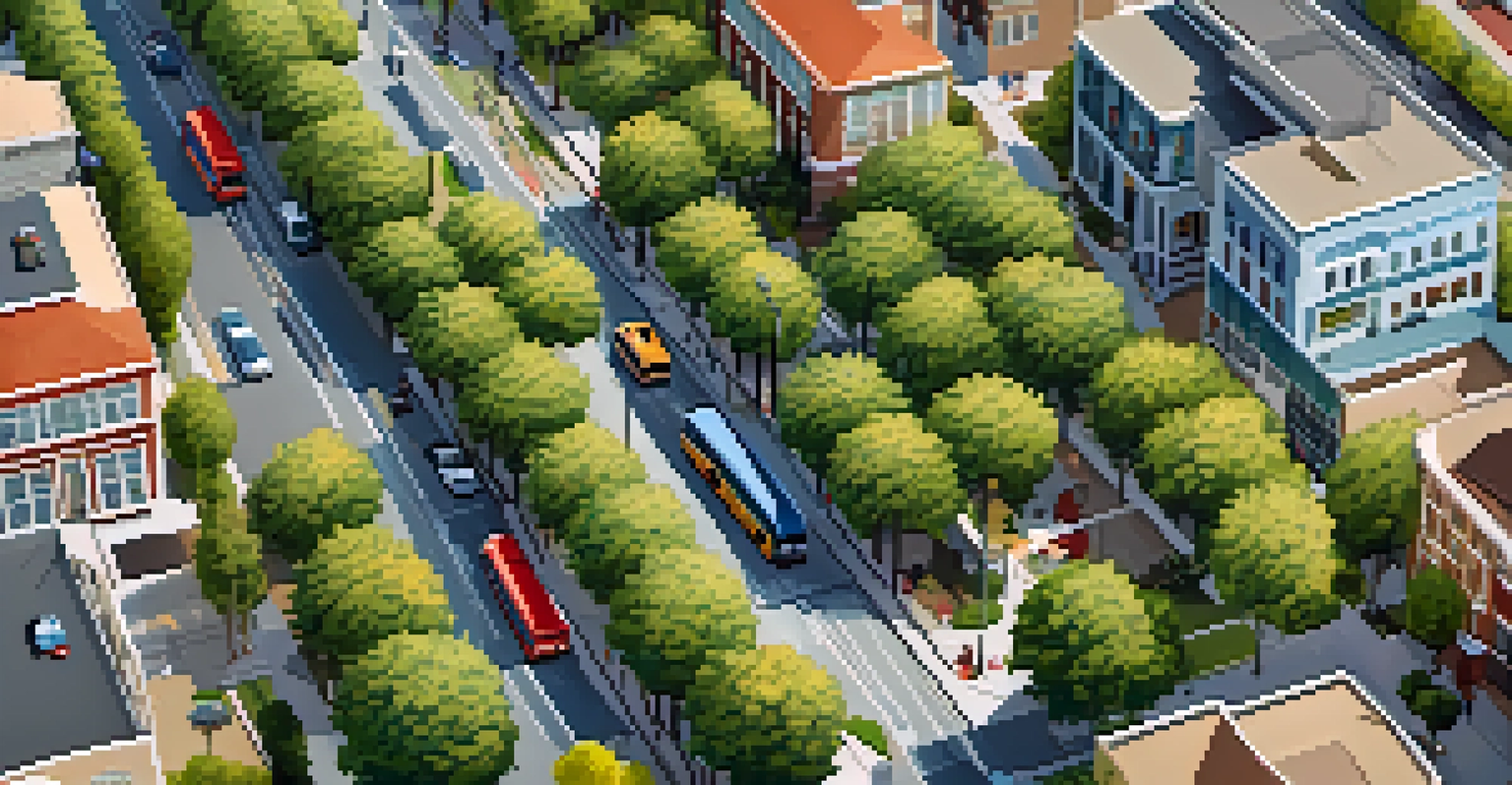 Aerial view of a San Jose neighborhood with low-floor buses, tree-lined streets, and people using mobile apps, depicting accessibility and community engagement.