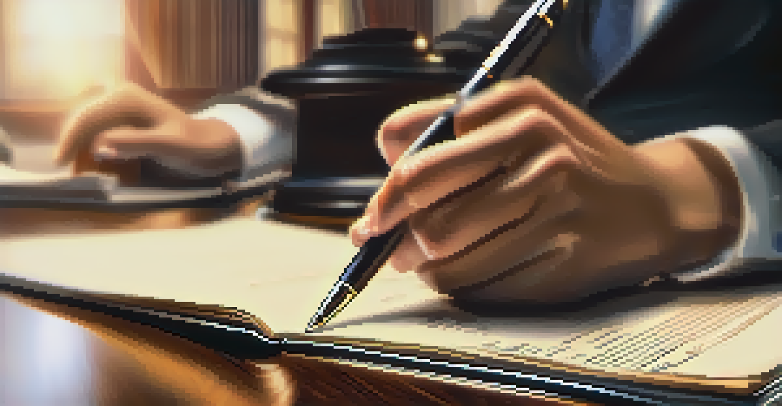 Close-up of hands holding legal documents in a law office, with a pen resting on top, indicating preparation to sign.