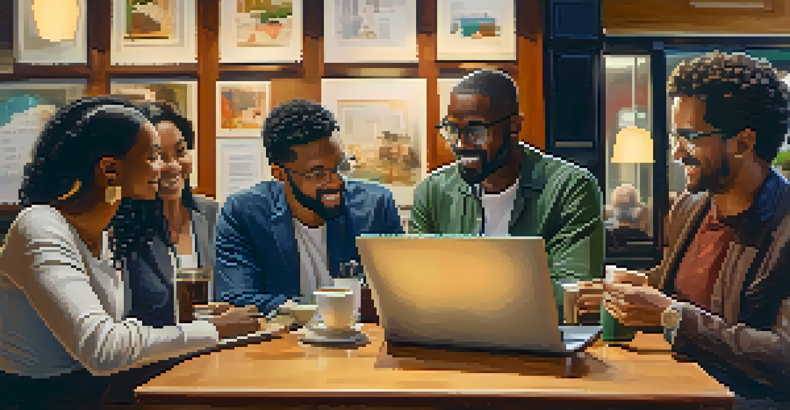 A diverse group of entrepreneurs collaborating over a laptop in a cozy café, surrounded by coffee cups and notebooks, with warm lighting creating an inviting atmosphere.