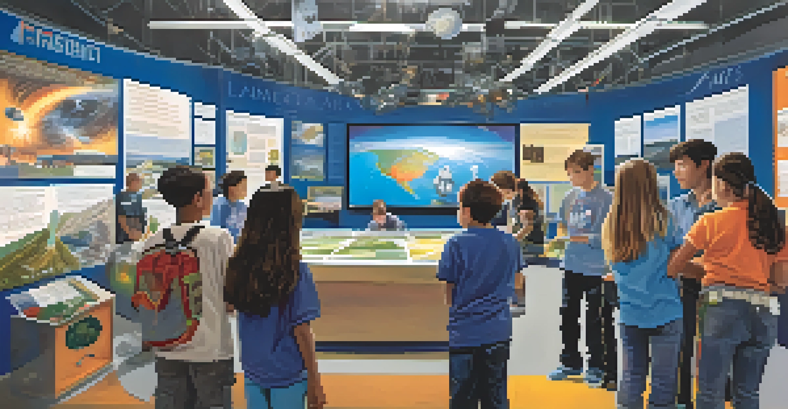 Students participating in STEM activities at NASA Ames, surrounded by scientific models and educational displays in a colorful room.