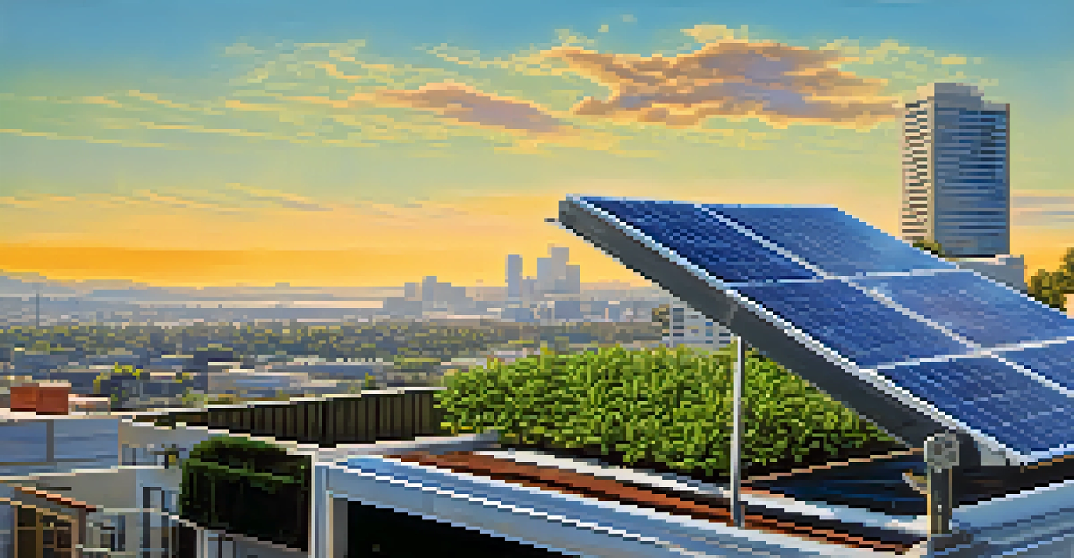 A close-up of solar panels on a rooftop with greenery and a distant view of the San Jose skyline in the background.