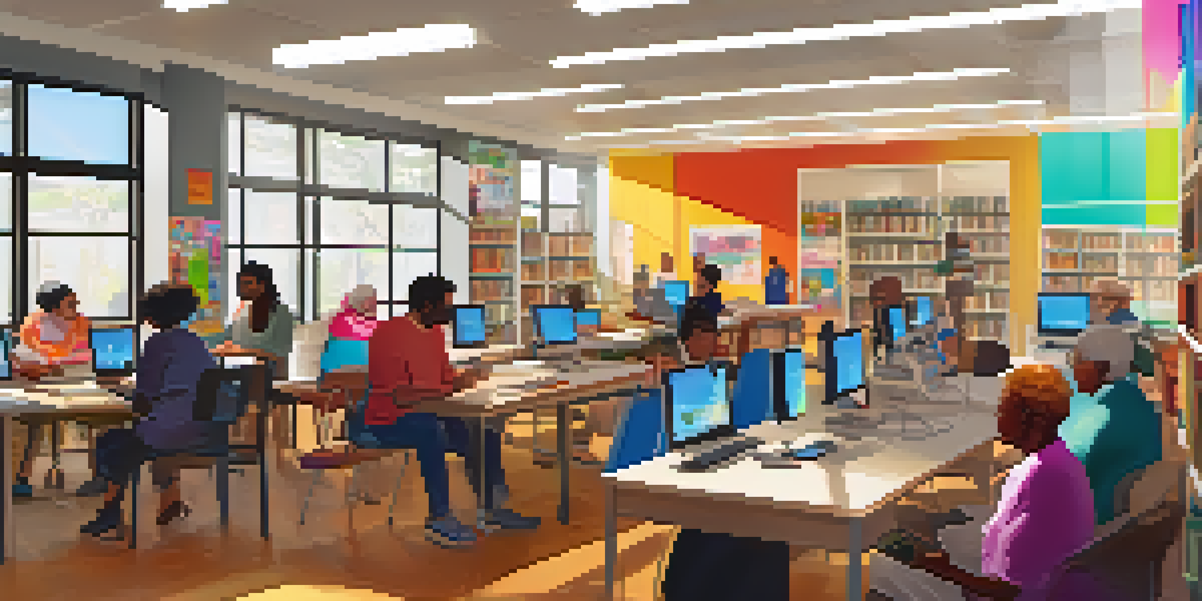 A bright library with diverse individuals participating in digital literacy workshops, featuring a librarian helping an elderly woman at a computer.