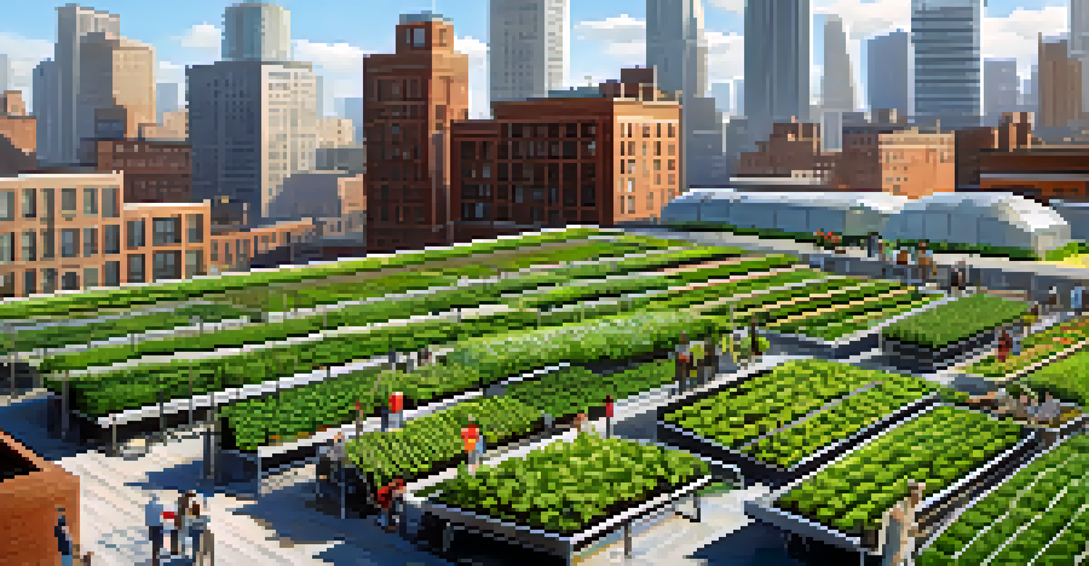 An aerial view of a rooftop farm with crops and a communal area, set against a city skyline, highlighting sustainability with solar panels.