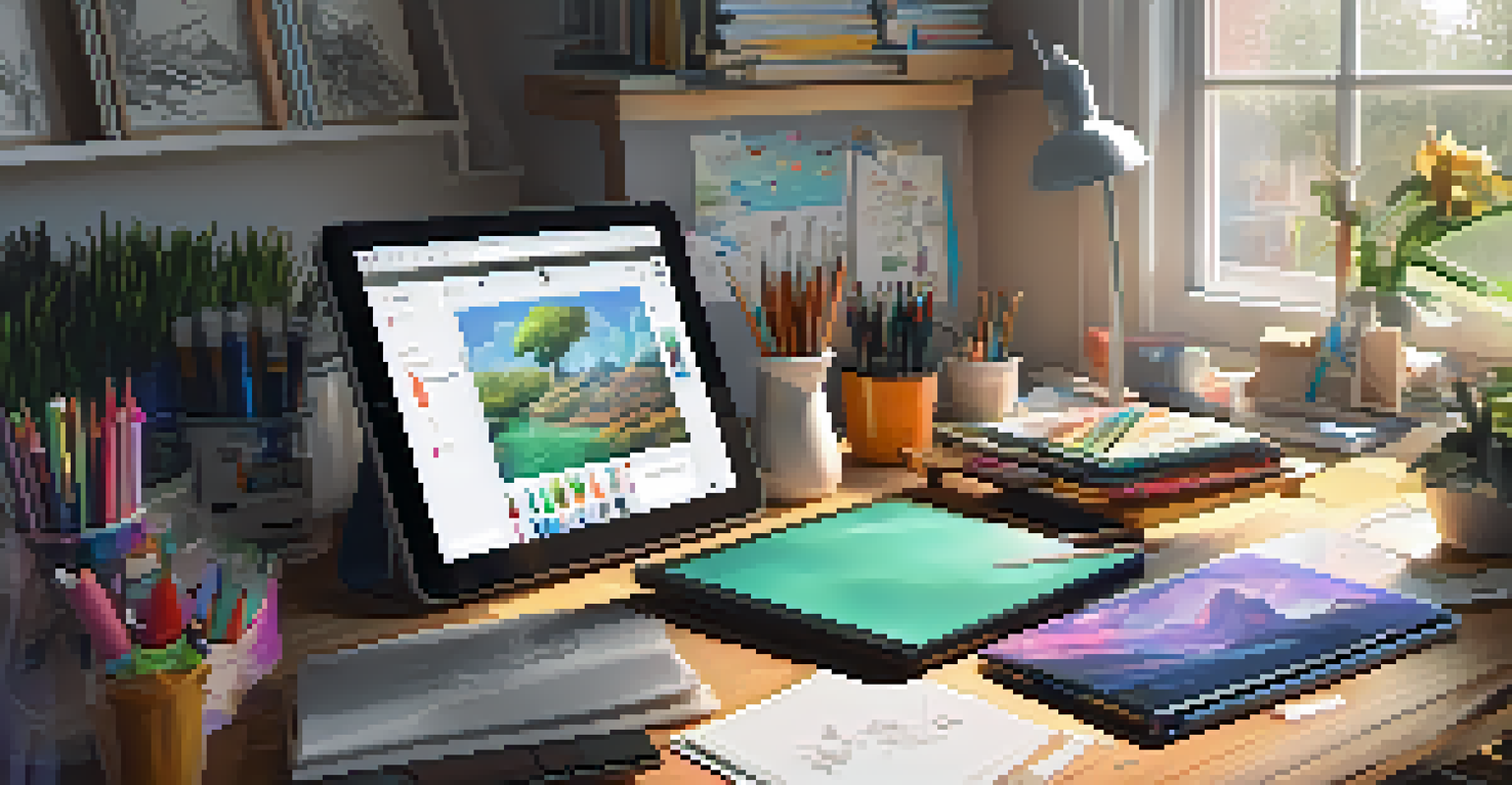 A digital artist's workspace with a tablet, sketches, and a laptop displaying artwork, illuminated by natural light.