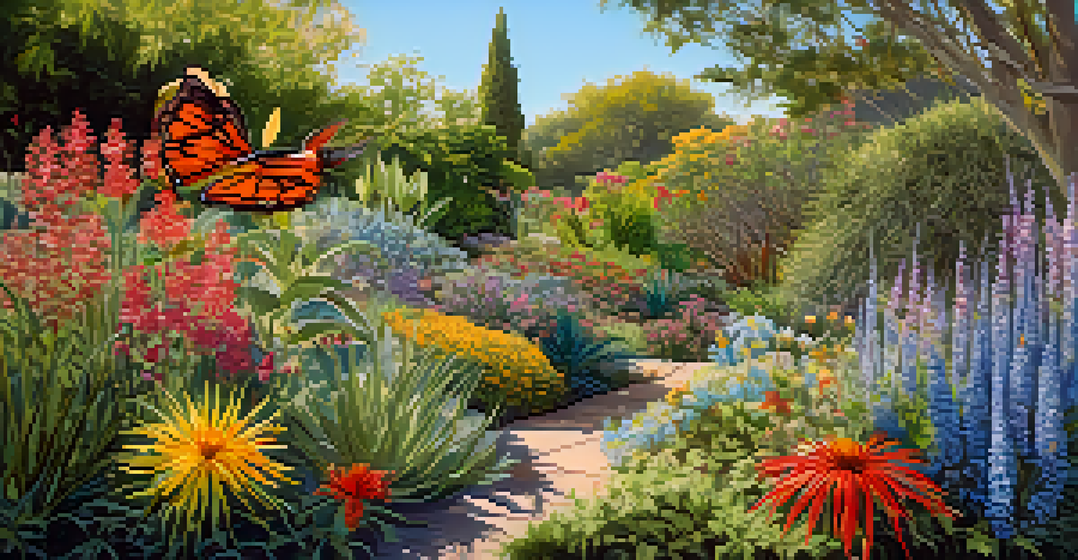 A colorful native garden in San Jose with blooming plants and butterflies, showcasing the beauty of native biodiversity.