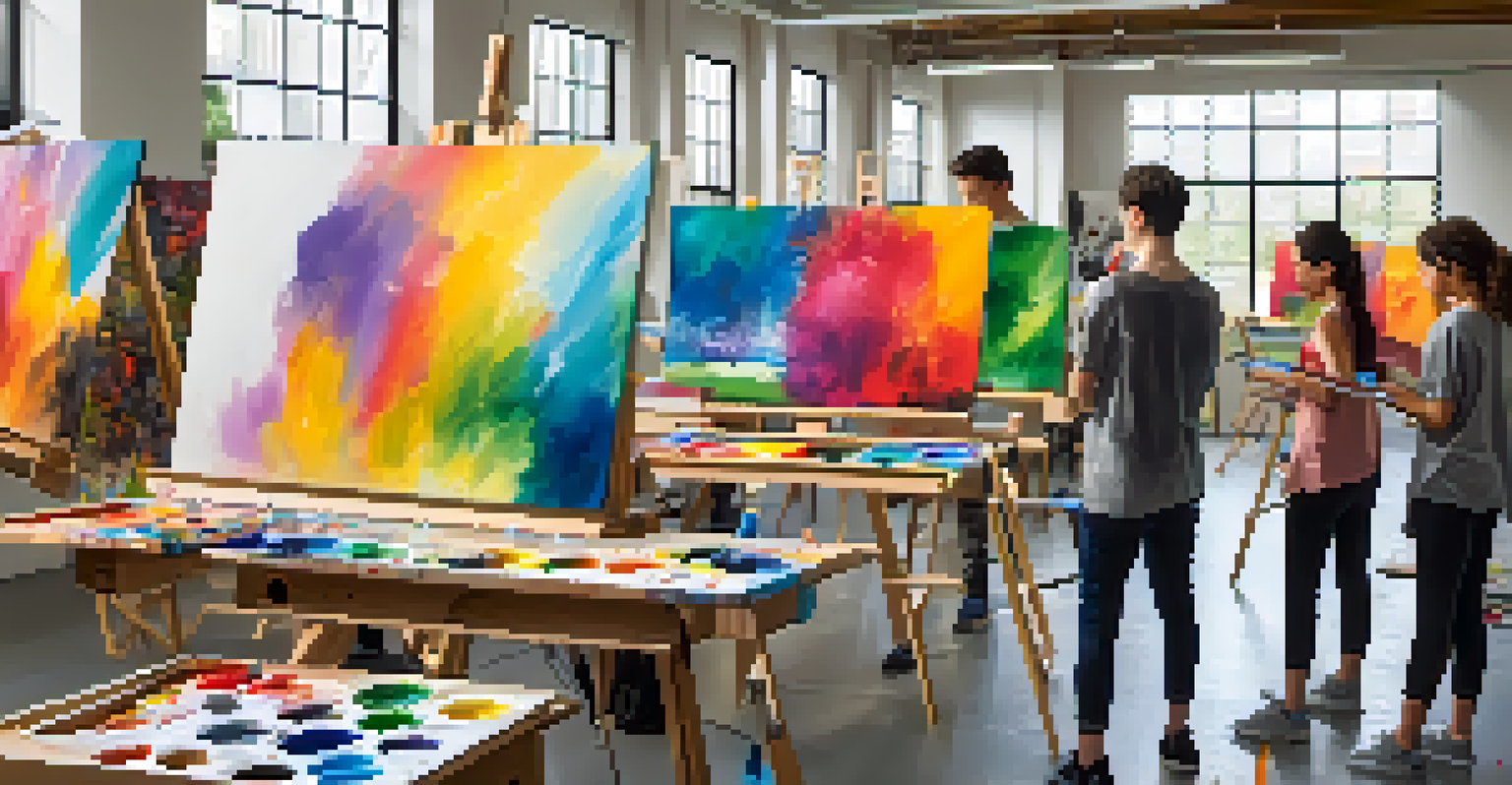 Teenagers engaged in an arts workshop, painting on canvases in a colorful and collaborative environment.