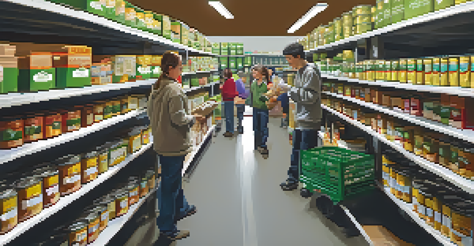 Volunteers working together in a food bank, sorting and packing food items with smiles on their faces.