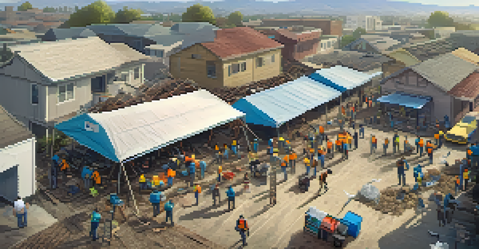 Aerial view of San Jose showing recovery efforts after a disaster, with volunteers distributing supplies and rebuilding homes, along with drones surveying the area.