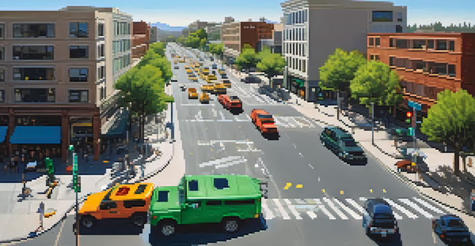 A busy city intersection in San Jose with smart traffic signals adjusting to traffic. Vehicles and pedestrians are visible, surrounded by modern architecture and greenery.