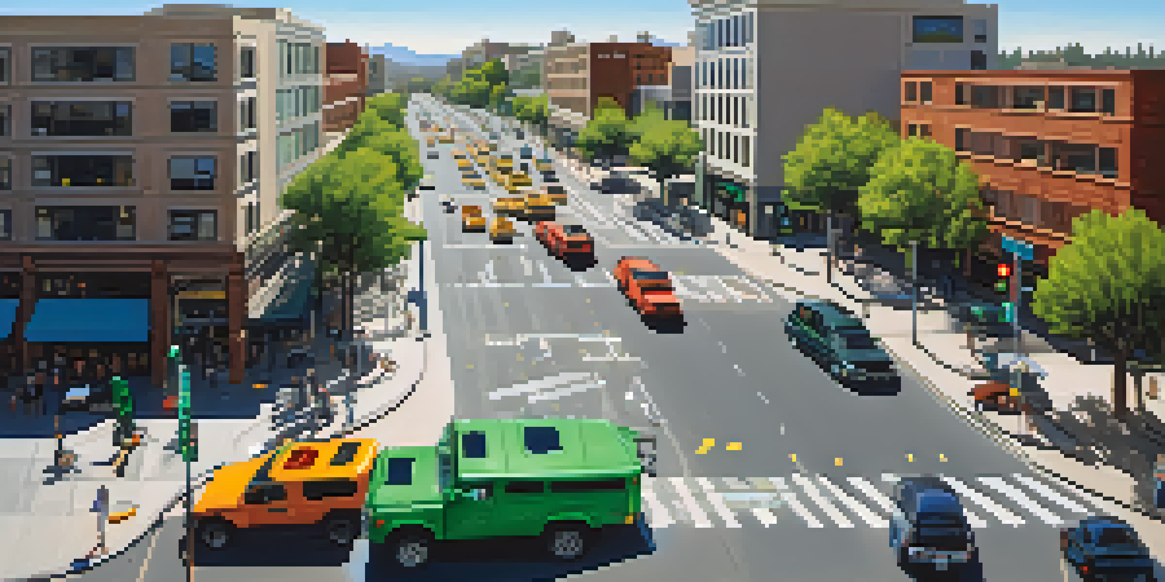 A busy city intersection in San Jose with smart traffic signals adjusting to traffic. Vehicles and pedestrians are visible, surrounded by modern architecture and greenery.