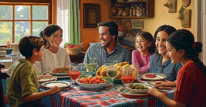 A family sitting around a dining table, enjoying a meal and sharing stories, with a warm and cozy atmosphere.
