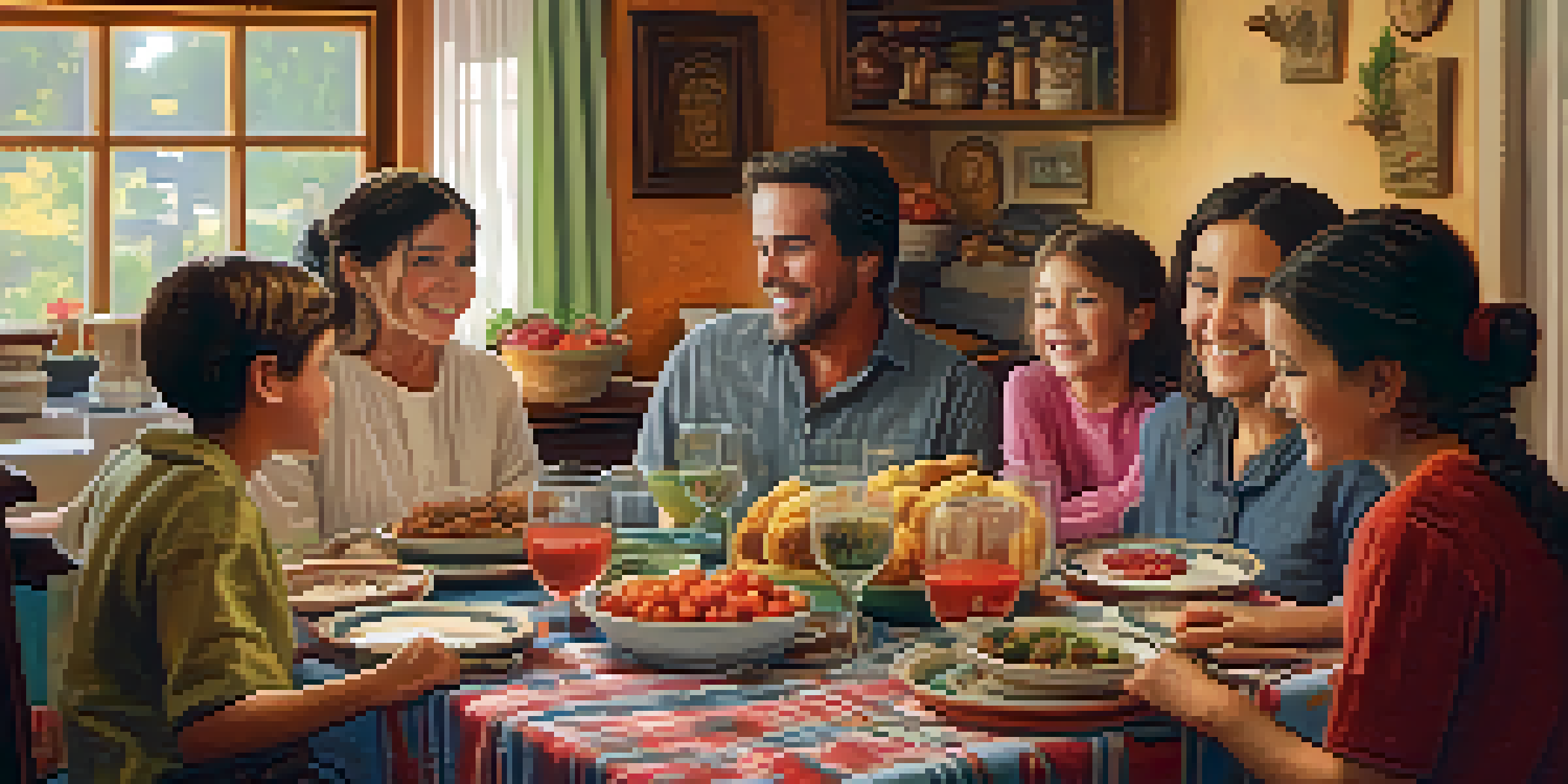 A family sitting around a dining table, enjoying a meal and sharing stories, with a warm and cozy atmosphere.