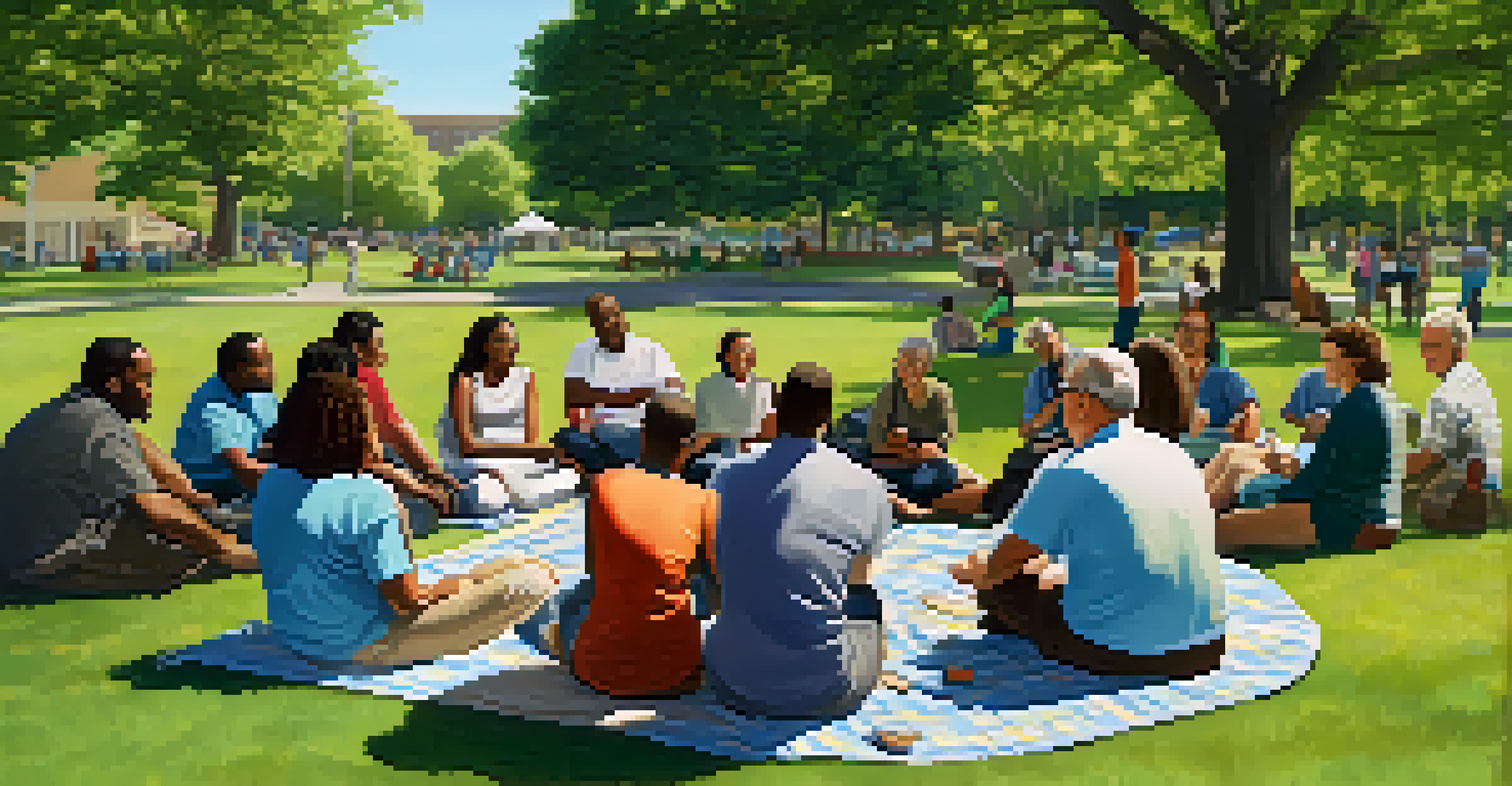 Residents gathered in a park for a neighborhood association meeting, discussing ideas and collaborating in a sunny environment.