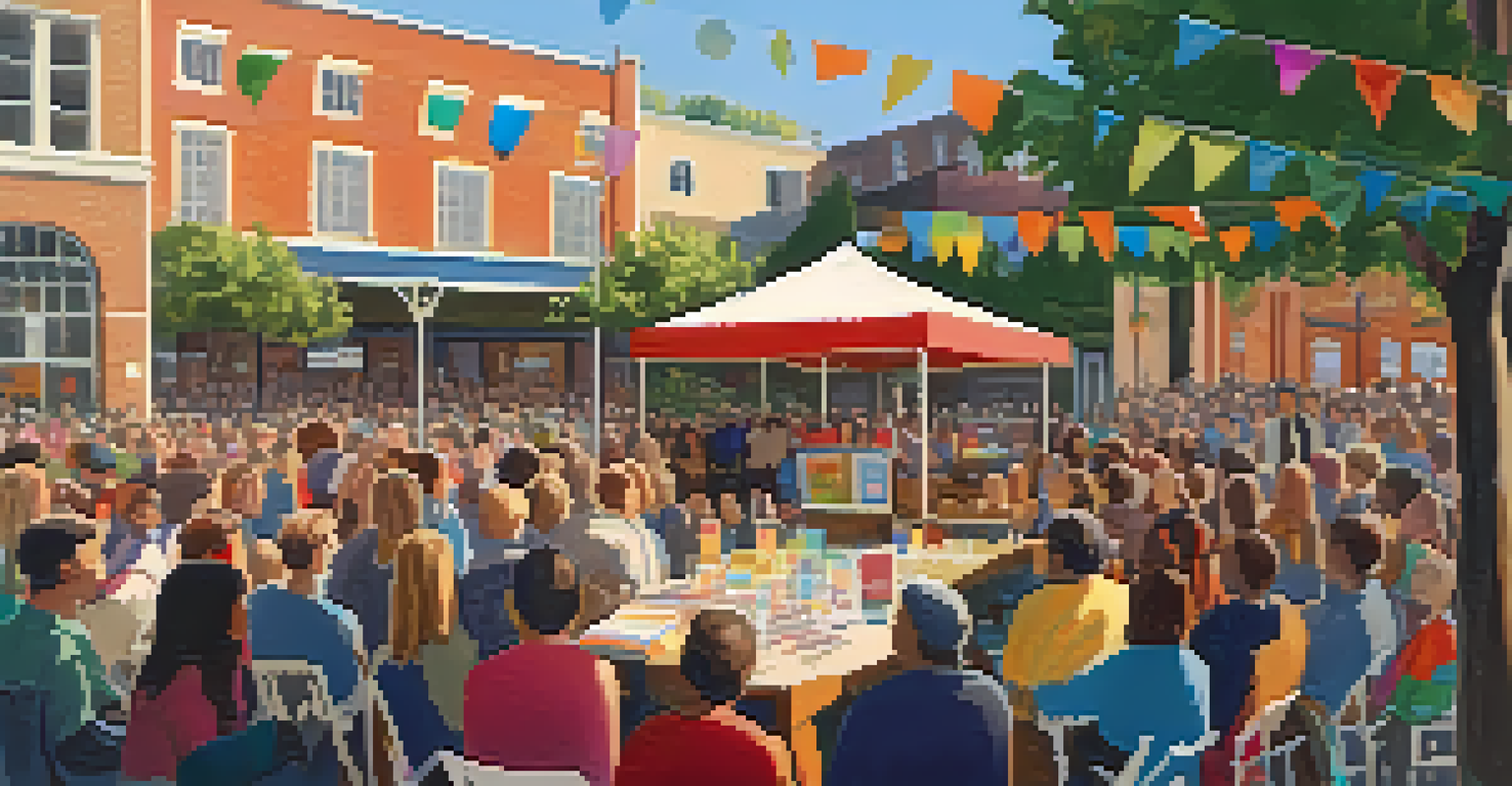 An outdoor book launch event with a local author speaking to an engaged crowd, surrounded by colorful banners and tables of books.