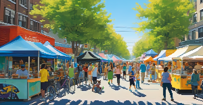 A busy city street transformed into a pedestrian zone during Car-Free Day, with families walking, food trucks, and artists displaying their work.