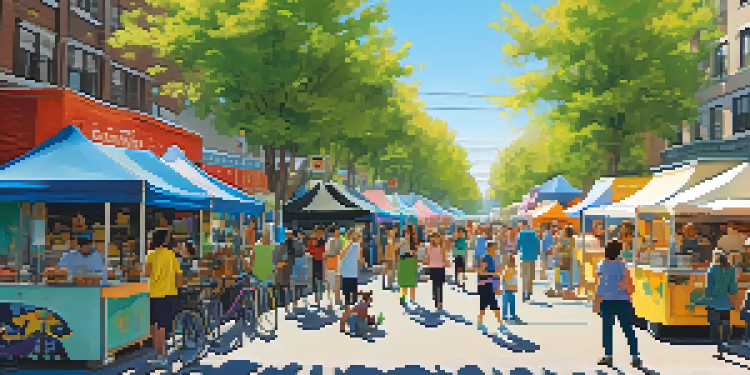 A busy city street transformed into a pedestrian zone during Car-Free Day, with families walking, food trucks, and artists displaying their work.