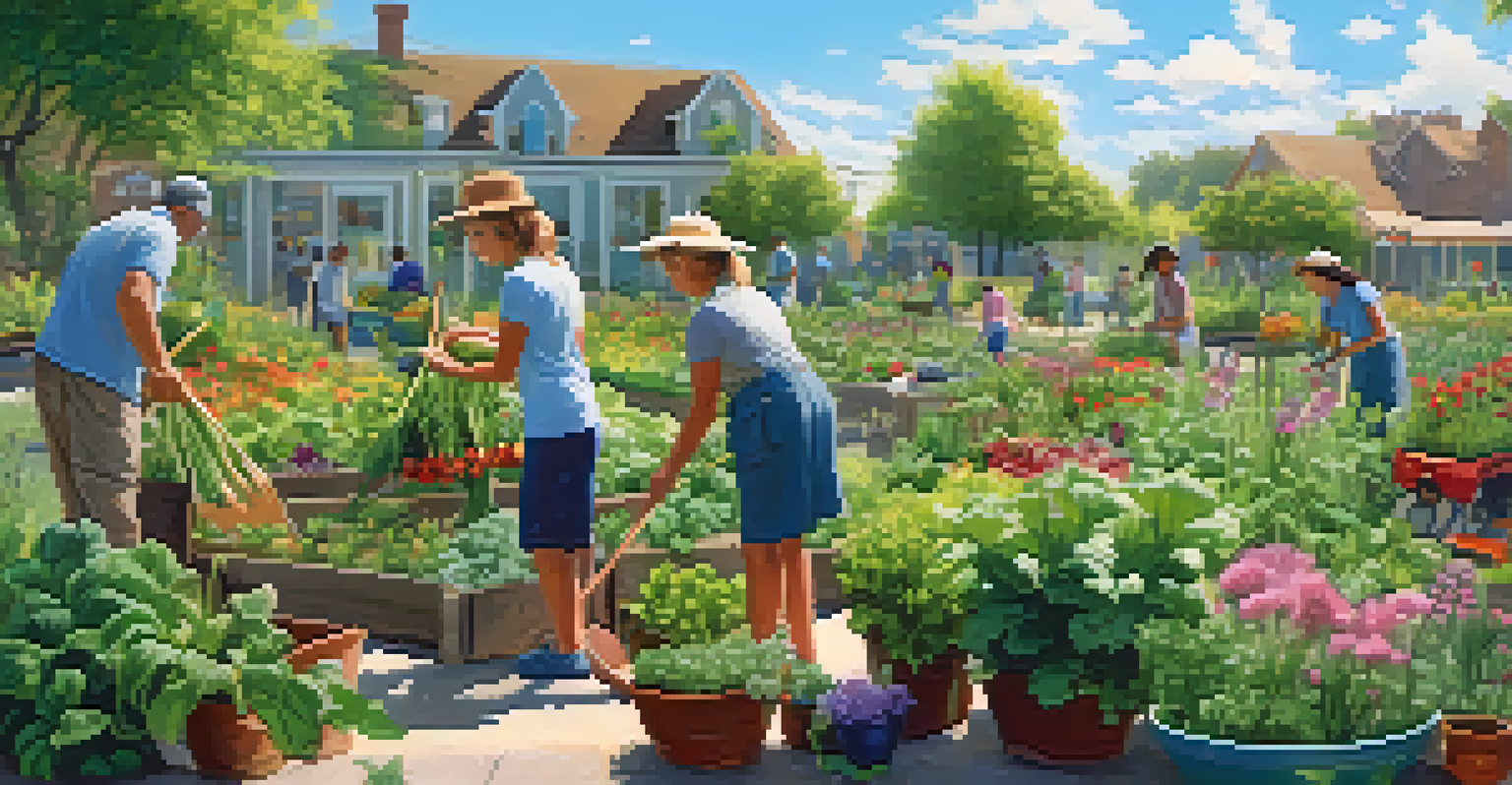 A community garden where residents are volunteering to tend to plants, surrounded by vibrant flowers and vegetables.