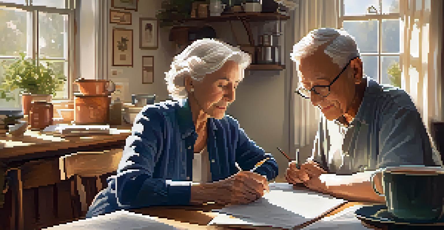 An elderly couple at a kitchen table going over legal estate planning documents, surrounded by a warm and inviting home environment.