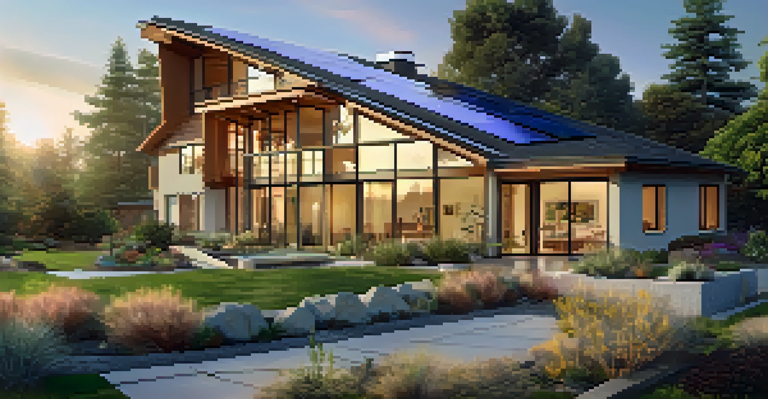 An eco-friendly home with solar panels and a landscaped garden, illuminated by the warm glow of a sunset.