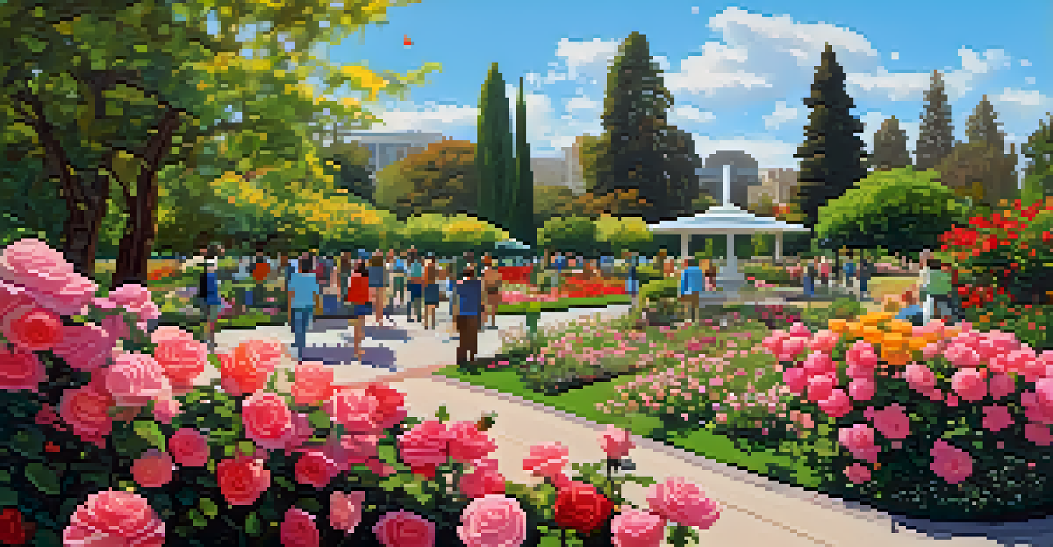 A vibrant rose garden in an urban park, with colorful roses and people walking along the paths under a clear blue sky.