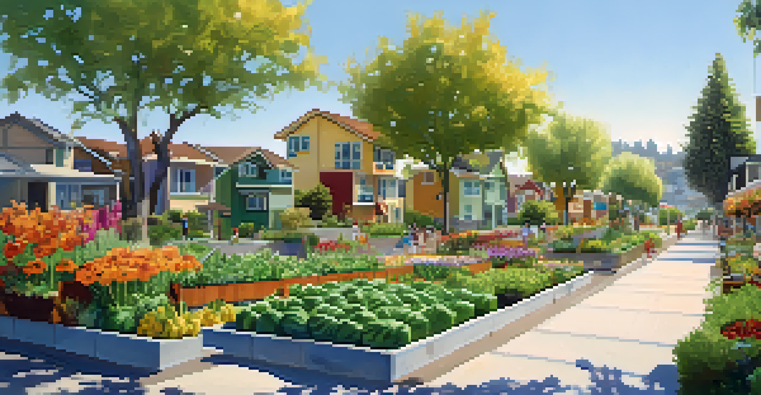A sustainable neighborhood in San Jose featuring modern homes with solar panels and vibrant community gardens.