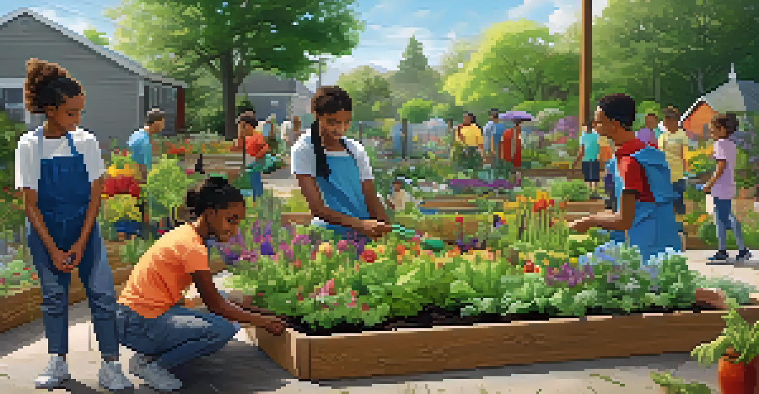 A diverse group of young people planting in a vibrant community garden, with a sign that reads 'Unity in Diversity' visible in the background.