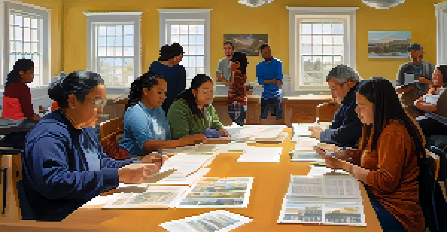 Residents participating in a cultural heritage workshop in a community center in San Jose, surrounded by historical artifacts.