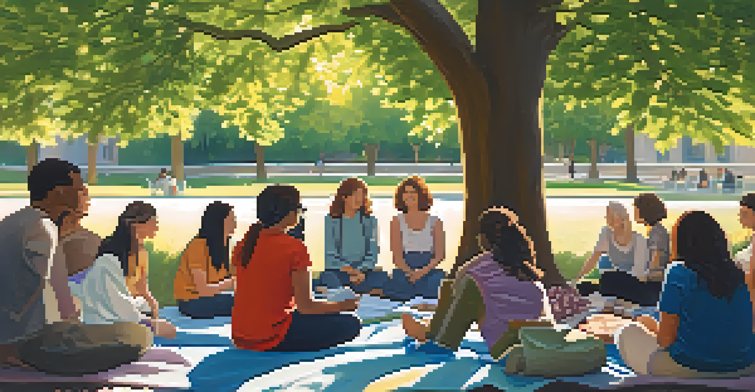 A peaceful outdoor gathering in a park for a mental health support event, with people sitting in a circle on blankets.