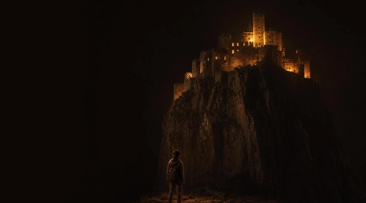 A lone figure at the foot of a cliff, looking up at a lit castle on the summit