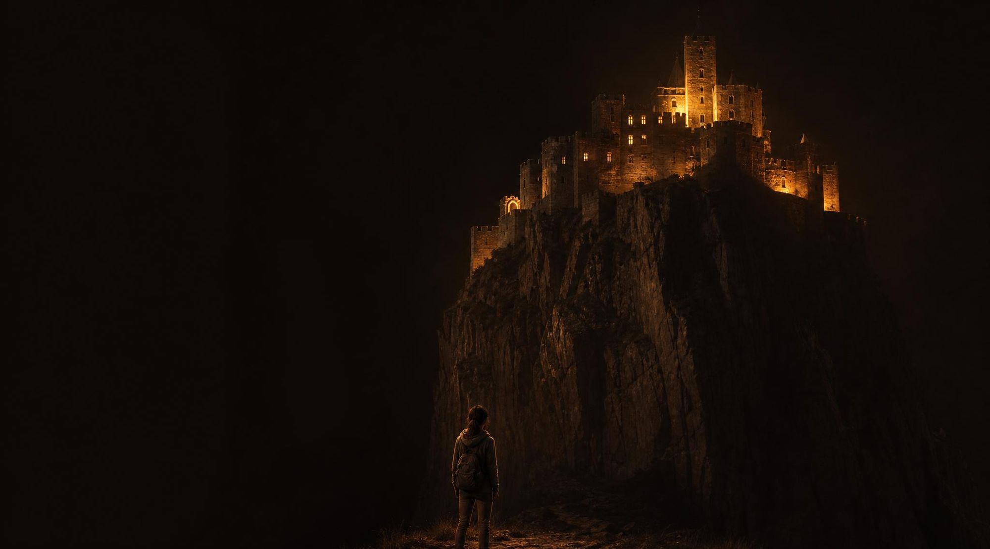 A lone figure at the foot of a cliff, looking up at a lit castle on the summit