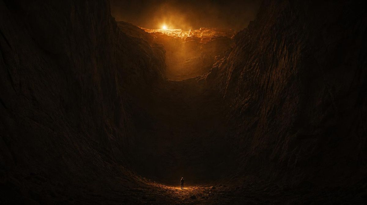 A small figure at the floor of a vast canyon, light breaking over the rim